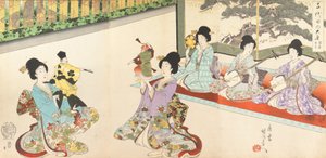 Panie w oczekiwaniu na zamku Chiyoda: praktyka miecza i marionetka Kyogen, 1895., 1895.