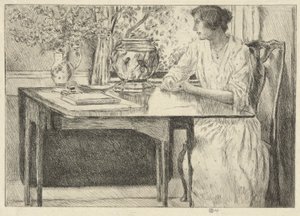 Stół Kolonialny (Holley House, Cos Cob) (prosto); Krajobraz ze stodołą (verso) autorstwa Childe Hassam