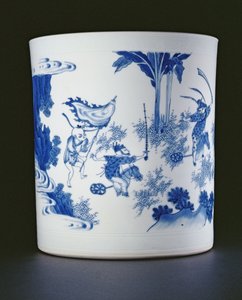 Niebiesko-biała szczotka namalowana z damą i chłopcami bawiącymi się na koniach hobbystycznych, Chongzheng, 1630-44 (porcelana) (patrz 205936)