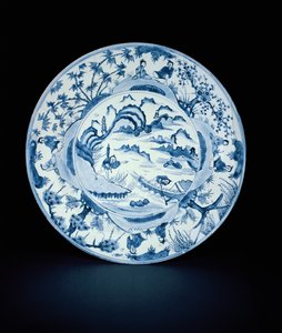 Niebiesko-białe naczynie namalowane z rybakami w scenie rzeki, Tianqi lub Chongzheng, 1620-30 (porcelana)