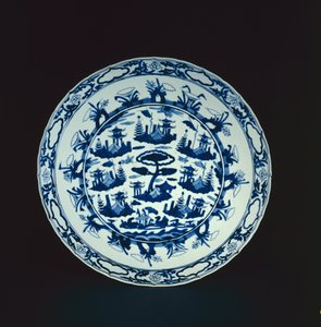 Niebiesko-białe naczynie z malowanymi skalistymi wyspami i pawilonami, Wanli lub Tianqi, 1600-25 (porcelana)