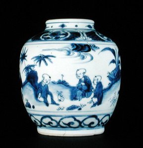Niebiesko-biały słój pomalowany chłopcem z zająca, Wanli lub Chongzheng, 1600-30 (porcelana) (patrz 206093, 206094, 206096)