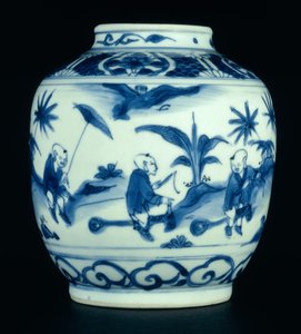 Niebiesko-biały słoik pomalowany z chłopcami bawiącymi się na koniach hobbystycznych, Wanli lub Chongzheng, 1600-30 (porcelana) (patrz 206093, 206095, 206096)