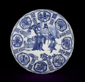 Niebiesko-białe półmisek kraaka malowany wojownikami, Wanli, 1590-1610 (porcelana)