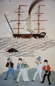 Chińskie malowanie pierwszego brytyjskiego parowca i pasażerów do lądowania w kantonie ok. 1840 r. (patrz także 268028) autorstwa Chinese School