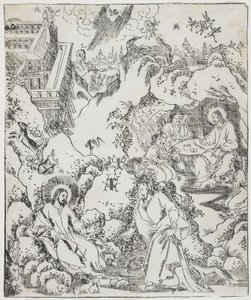 Chrystus na pustkowiu, płyta z Giulio Alenis Tianzhu jiangsheng zhuxiang jingjie (Ilustrowana historia Pana Nieba, który wcielił się w ciało), kościół Jinjiang, prowincja Fujian autorstwa Chinese School