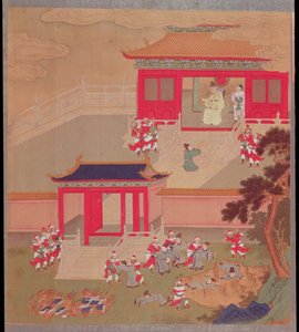 Cesarz Chin Wang Ti (r.221-210 pne) pali wszystkie chińskie księgi i wrzuca akademików do głębokiego wąwozu, z historii cesarzy chińskich w 213 pne (kolor na jedwabiu) autorstwa Chinese School