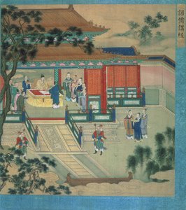 Cesarz Hsien Ti (fl.189-220) z uczonymi tłumaczącymi teksty klasyczne z historii cesarzy chińskich (kolor na jedwabiu) autorstwa Chinese School
