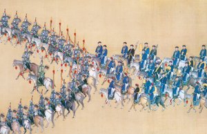 Recenzja cesarza Qianlonga z wielkiej parady wojsk, handcroll autorstwa Chinese School