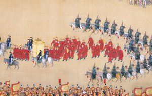 Recenzja cesarza Qianlonga z wielkiej parady wojsk, handcroll autorstwa Chinese School