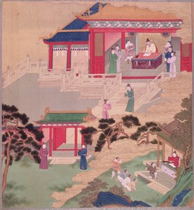 Cesarz Tai Tsung (r.762-779) czyta księgę medyczną z historii cesarzy chińskich (kolor na jedwabiu) autorstwa Chinese School