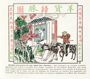 Cudzoziemcy europejscy u bram świątyni Konfucjusza - ich dar kozła odmawia się z pogardą, 1891 autorstwa Chinese School