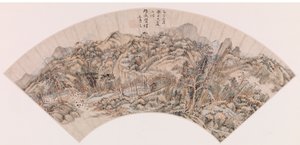 Wachlarz przedstawiający górski krajobraz (tusz na papierze) autorstwa Chinese School