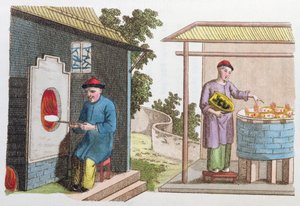 Wypalanie porcelany w Chinach pod koniec XVIII wieku, z La Chine en Miniature, J.B. Breton, Paryż, red. Nepveu, 1811 (kolorowe grawerowanie)
