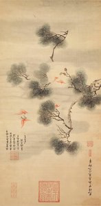 Pięć nietoperzy wśród gałęzi sosny, 1844 autorstwa Chinese School
