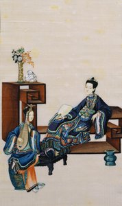 Kobieta leżąca ze sługą grającym na instrumencie muzycznym autorstwa Chinese School