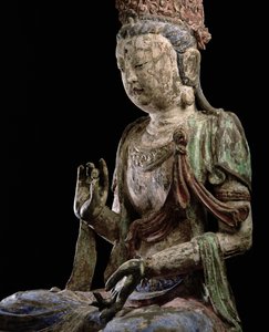 Duży siedzący bodhisattwa z uniesionymi rękami, dynastia Jin (1115-1234) (drewno i pigment) (szczegóły) (patrz 206546) autorstwa Chinese School