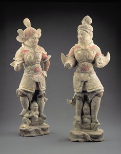 Para figurek Lokapala, dynastia Tang (618-907) (ceramiczne)