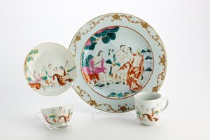 Talerz, miseczka do herbaty, filiżanka do kawy i spodek ozdobione przedstawieniami Sądu Paryskiego (porcelana)