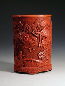 Czerwona, wytłoczona szczotka, przedstawiająca słynnego kaligrafa Wanga Hsi-chiha (ok. 307-365 ne) siedzącego w swoim pawilonie, patrzącego na gęsi w stawie i chłopca przechodzącego przez most, dynastia Ching, Qianlon
