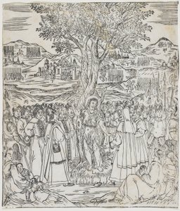 Kazanie św. Jana Chrzciciela, płyta z Giulio Alenis Tianzhu jiangsheng zhuxiang jingjie (Ilustrowana historia Pana Nieba, który stał się wcielony w ciele), kościół Jinjiang, Fujian autorstwa Chinese School