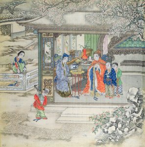 Scena w ogrodzie z rodziną przyjmującą gości (gwasz na jedwabiu) autorstwa Chinese School