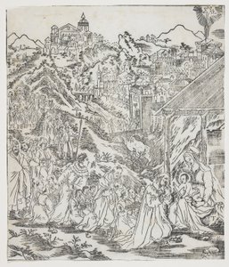 Adoracja Chrystusa, płyta Giulio Alenis Tianzhu jiangsheng zhuxiang jingjie (Ilustrowana historia Pana Nieba, który wcielił się w ciało), kościół Jinjiang, prowincja Fujian autorstwa Chinese School