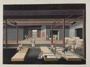 Skrzynia i opakowanie misek i naczyń, płyta 12 z serii dwunastu przedstawiająca proces produkcji chińskiej porcelany, XIX w. autorstwa Chinese School