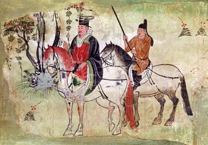 Dwóch jeźdźców w krajobrazie, Bodhisattwa i jego koniuszy, okres Tang (malowany kamień) autorstwa Chinese School