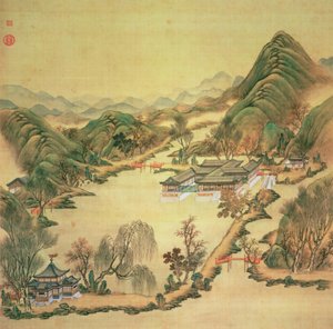 Widok na Pałac Letni, Pekin (kolor na jedwabiu) autorstwa Chinese School