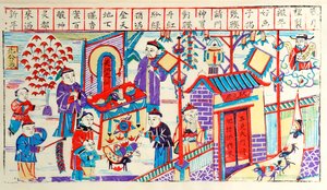 Drzeworyt przedstawiający aktywność chińskiego gospodarstwa domowego podczas festiwalu (odbitka drzeworytowa na papierze) autorstwa Chinese School