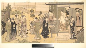 Przebrana scena z Opowieści o Genjim (Fūryū Yatsushi Genji), rozdział 33, „Liście glicynii (Fuji no uraba)” autorstwa Chobunsai Eishi