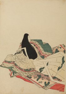 Siedząca dama dworu, widoczna w trzech czwartych od tyłu, plansza z albumu: Nishiki-zuri onna sanju rokkasen e-zukushi autorstwa Chobunsai Eishi