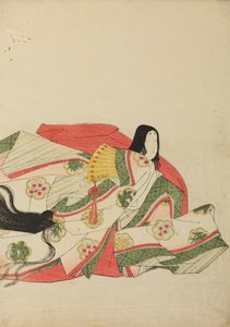 Dama dworu siedząca z żółtym wachlarzem, plansza z albumu: Nishiki-zuri onna sanju rokkasen e-zukushi autorstwa Chobunsai Eishi