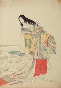 Stojąca dama dworu z wachlarzem, tablica z albumu: Nishiki-zuri onna sanju e-zukushi autorstwa Chobunsai Eishi