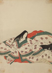 Dama dworu w białym kimonie ze wzorem kaczuszek na wodzie, plansza z albumu: Nishiki-zuri onna sanju rokkasen e-zukushi autorstwa Chobunsai Eishi