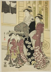 Komurasaki z Kadotamayi z asystentami Hatsune i Utano autorstwa Chobunsai Eishi