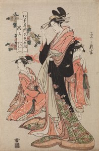 Oiran Seyama z domu Matsuba-ya ze swymi kamuro Iroka i Yukari, z serii: Uroczystość otwarcia nowego domu Matsuba-ya autorstwa Chobunsai Eishi