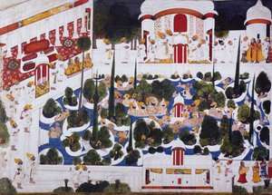 Maharana Bhim Singh igraszki ze szlachtą w pałacowym basenie, 1803