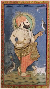 Maharana Bhim Singh z Mewar z jastrzębiem, Udaipur (Mewar) Radżastan, ok. 1805 (gwasz ze złotem na tkaninie)