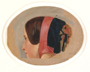 Portret młodej dziewczyny z pocałunkiem, profil odwrócony w lewo