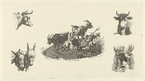 Trzy kozy z łbami krów i łbami osła po obu stronach autorstwa Christiaan Godfried Schutze van Houten