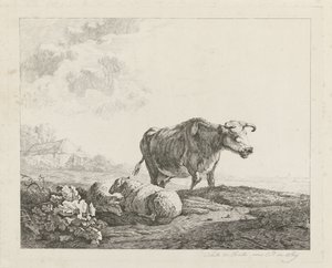 Krajobraz z krową i dwiema owcami autorstwa Christiaan Godfried Schutze van Houten