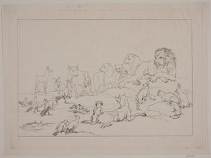 Zgromadzenie zwierząt. Ilustracja do „Reinike Fuchs” autorstwa Christian David Gebauer
