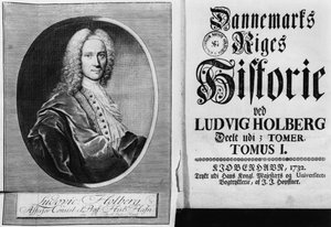 Baron Ludvig Holberg (1684-1754) i strona tytułowa tomu I jego Historii Danii, wydanej w Kopenhadze, 1732