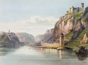 St. Goarshausen, St. Goar i Rheinfels, rytowane przez T. Sutherlanda, z „Malowniczej podróży wzdłuż Renu, od Mentz do Kolonii”, wydanej przez R. Ackermanna, Londyn, 1819