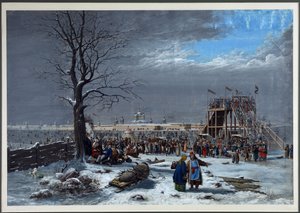 Kolejki górskie nad Newą w pobliżu klasztoru Smolny w Petersburgu - Christian Gottfried Heinrich Geissler (1770-1844). Grawerowanie miedzi, akwarela