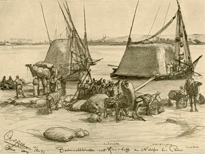 Ładowanie bawełny na łodzie do przewozu zboża, rzeka Nil, Kair, Egipt, 1898. autorstwa Christian Wilhelm Allers