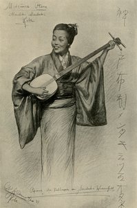Kobieta grająca na shamisen, Mentaki Falls, Kobe, Japonia, 1898. autorstwa Christian Wilhelm Allers