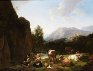 Odpoczywająca rodzina obok krów nad rzeką autorstwa Christian Wilhelm Ernst Dietrich